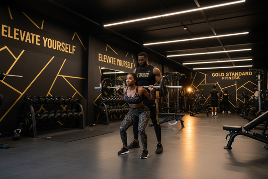 coaching in a gym setting between black man and women, colors black & gold 