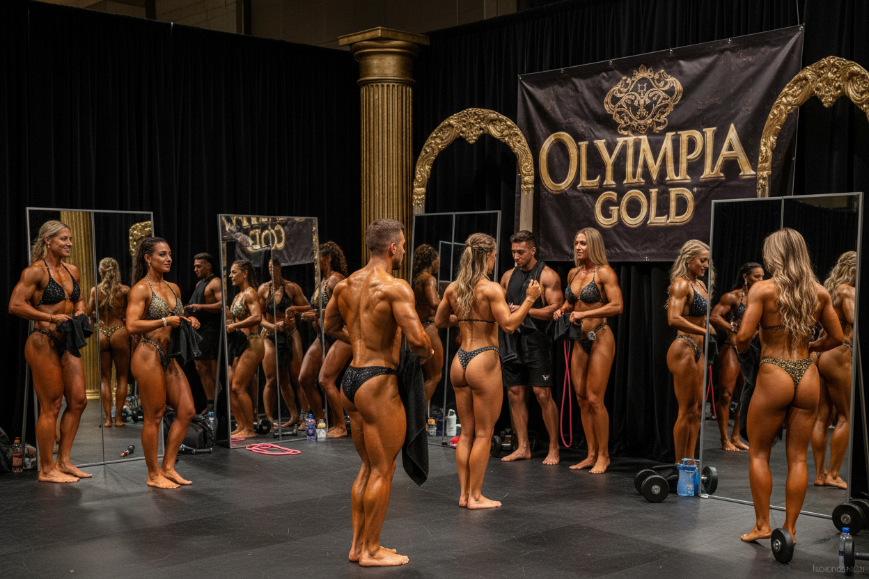 muscle contest, men and women backstage, black & gold